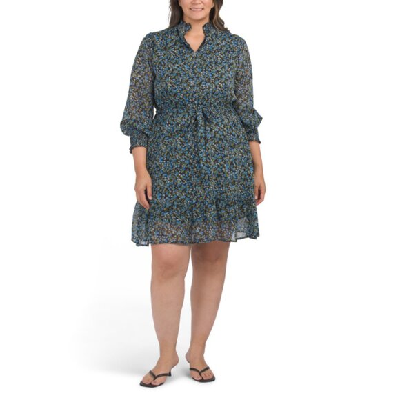 ESTELLE Blue/green Plus Iris Shirred Midi Dress - Picture 1 of 2